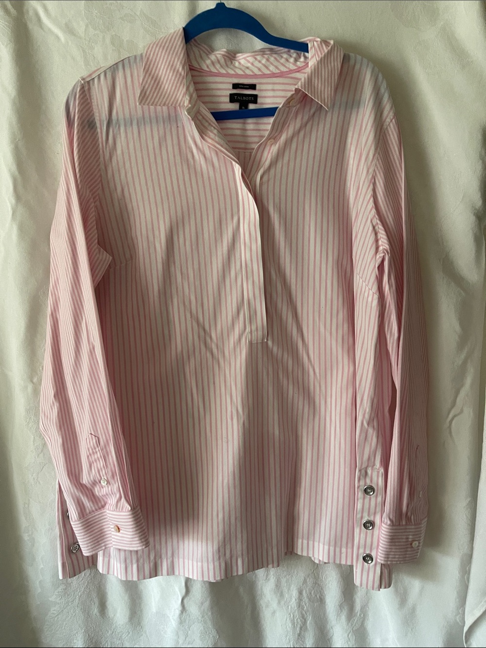 Talbots Pink and White Striped Button-Down Tunic Non iron